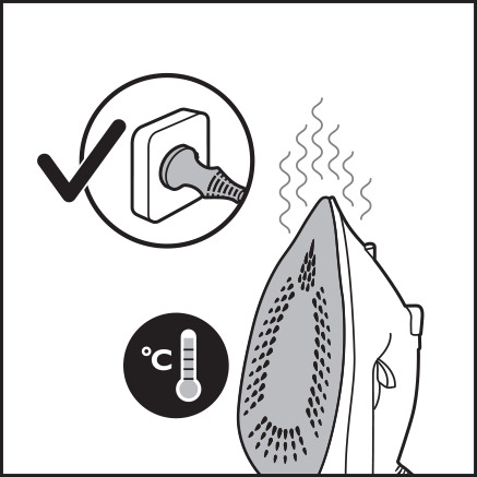 S&auml;tt i stickkontakten till strykj&auml;rnet s&aring; att strykj&auml;rnet blir varmt och stryksulan torkar