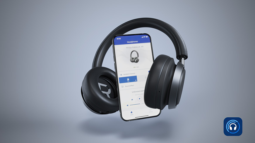 L4 Fidelio-h&ouml;rlurar anslutna till Philips Headphones-appen