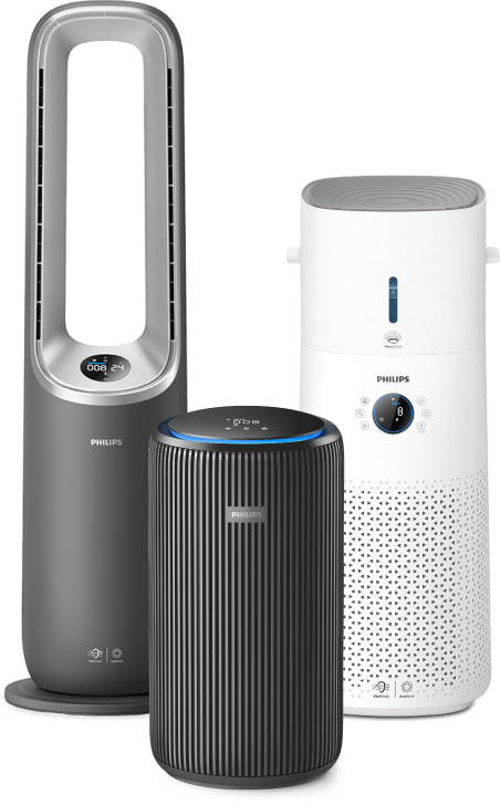 Set med Philips-luftrenare som st&aring;r bredvid varandra