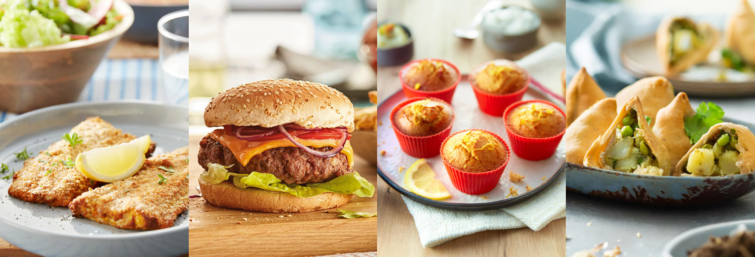 Fyra olika goda r&auml;tter som lagats med Philips Airfryer med dubbla korgar